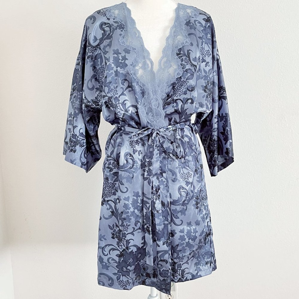 Vintage Expressions Silk Robe Blue Floral with Lace Trim Belted